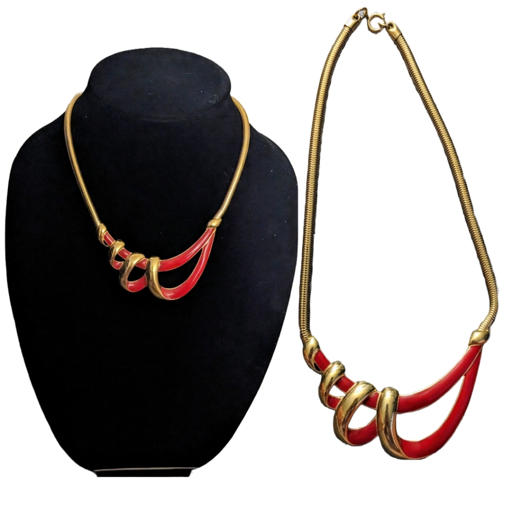 Vintage 80s Trifari Red Enamel Ribbon Wrapped and Gold Tone Metal Necklace